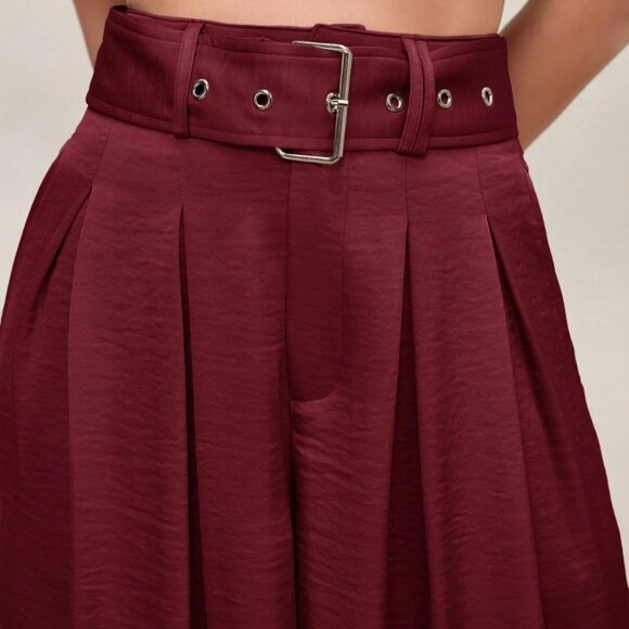 Burgundy Elegant Women's Pleated High Waist Wide Leg Pants with Belt - Picture 2 of 7